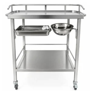 MESA RODABLE DE ACERO INOXIDABLE PARA CURACIONES CON TABLERO
